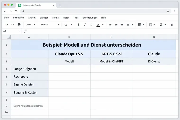 Schematische Tabellenansicht mit den Spalten Claude Opus 5.5, GPT-5.6 Sol und Claude; Zeilen nennen lange Aufgaben, Recherche, eigene Dateien sowie Zugang und Kosten.