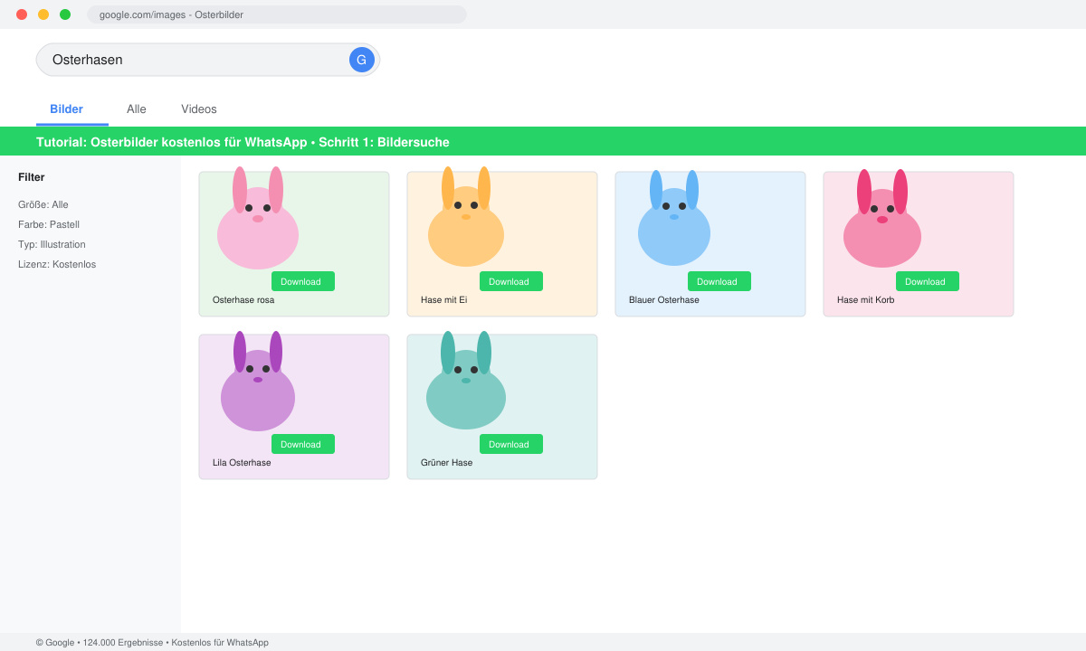 Screenshot einer Bildersuchseite mit Osterhasen-Motiven und Download-Button