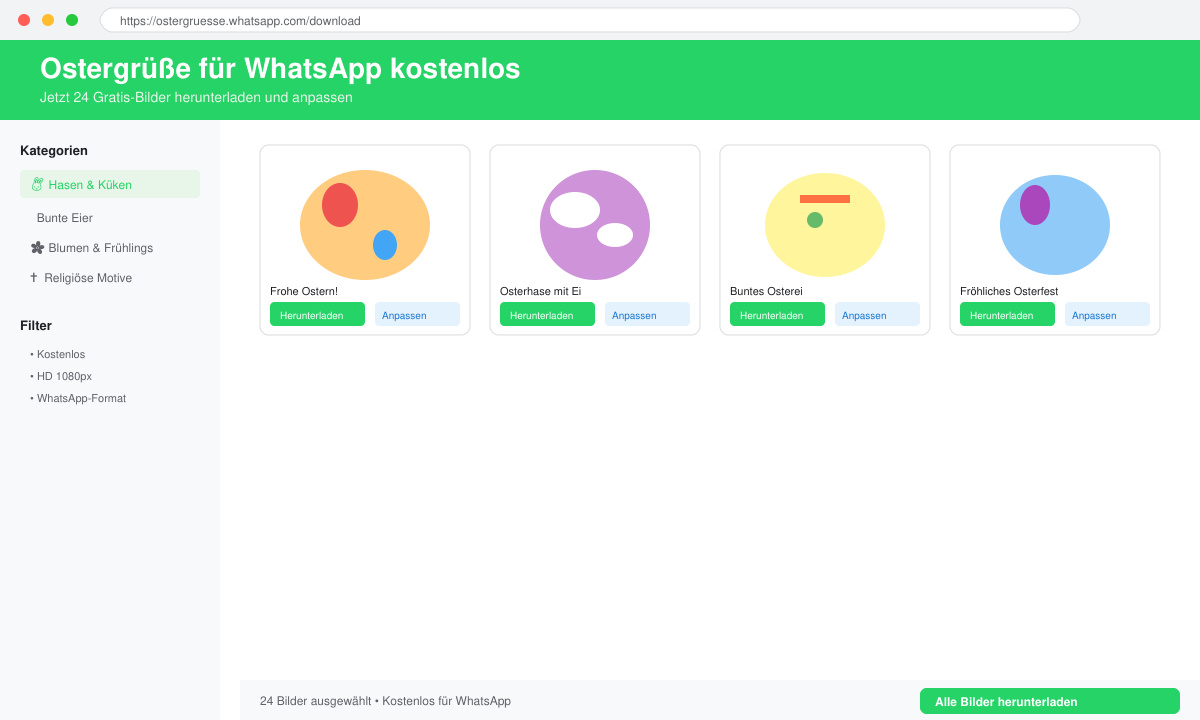 Screenshot einer Download-Seite mit Osterbildern und Auswahl-Buttons