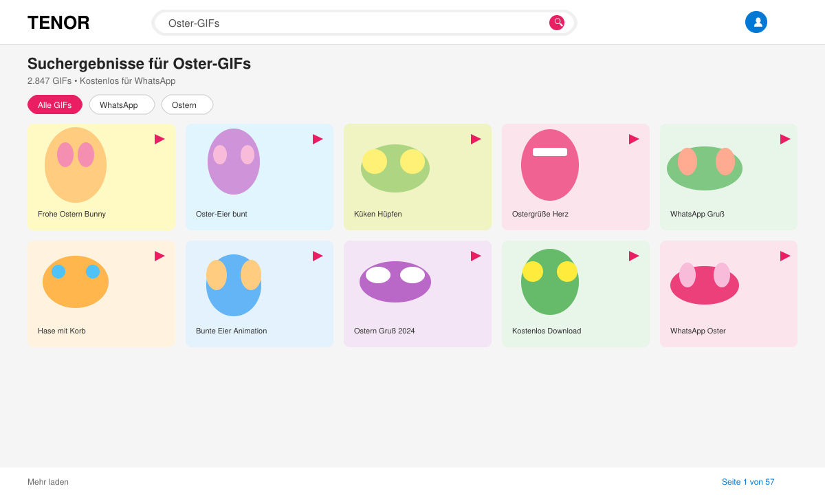 Suchergebnisse für Oster-GIFs auf der Tenor-Website mit mehreren animierten Vorschaubildern