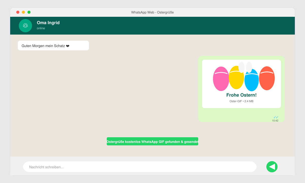 WhatsApp-Chat-Fenster mit einem versendeten animierten Oster-GIF und Sende-Button