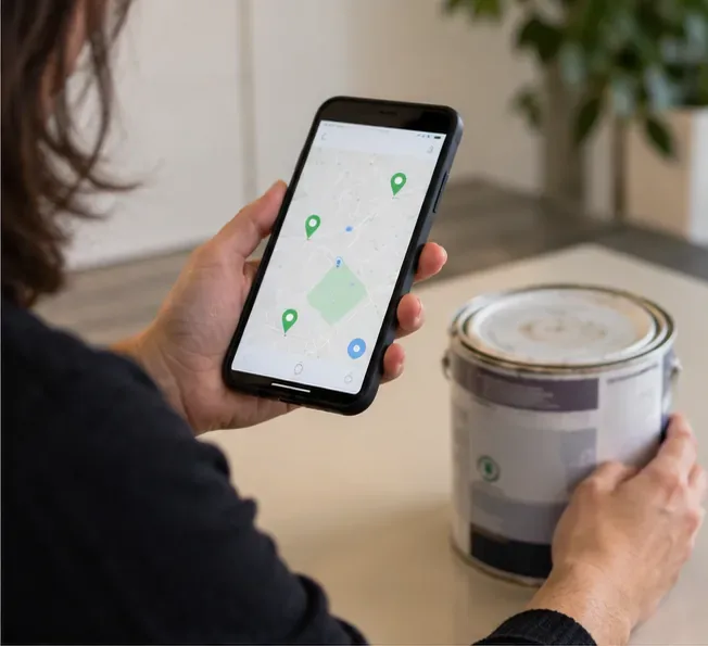 Personne consultant une carte de points de collecte sur un téléphone à côté d’un pot de peinture