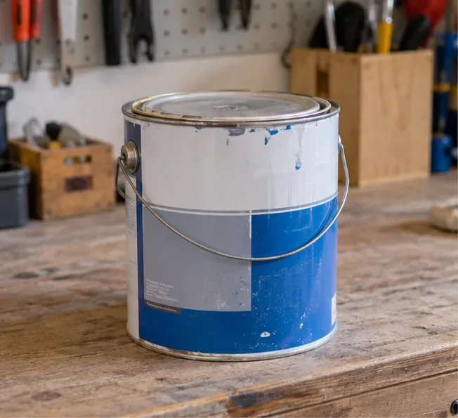 Pot de peinture fermé posé sur un établi avant son dépôt dans une filière spécialisée