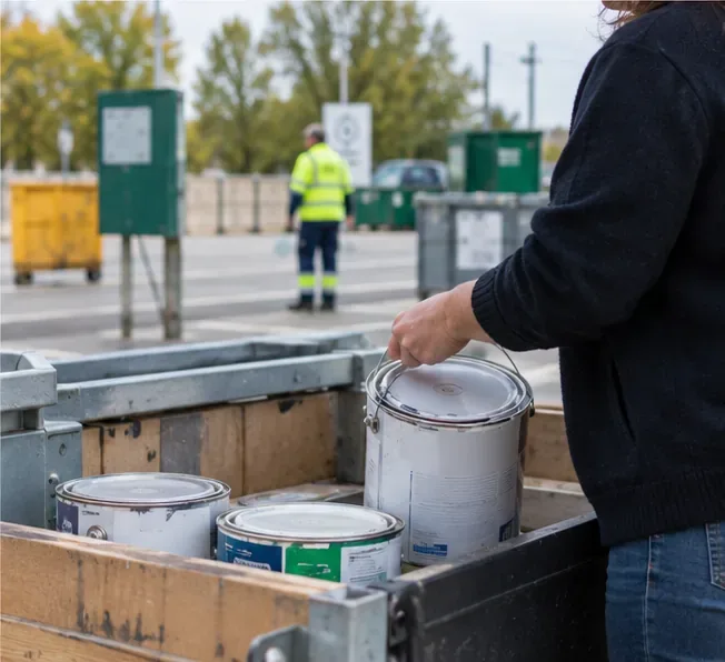 Personne déposant des pots de peinture dans une zone de collecte d’une déchèterie