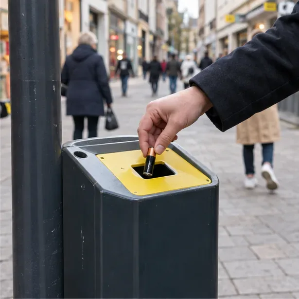 Une personne dépose une pile usagée dans une borne dédiée installée sur une rue piétonne.