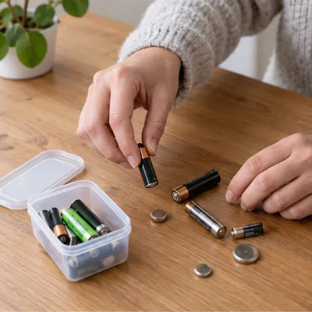 Des piles AA, AAA, bouton et rechargeables sont séparées dans un petit récipient avant leur dépôt.