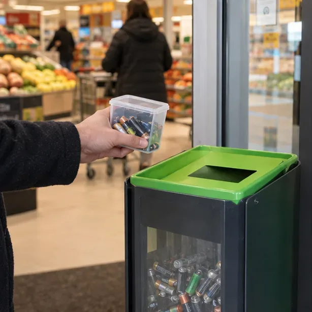Une personne apporte un récipient de piles usagées à une borne de collecte située à l’entrée d’un magasin.