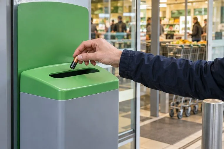 Une main dépose une petite pile usagée dans la fente d’un collecteur vert installé à l’entrée d’un magasin.