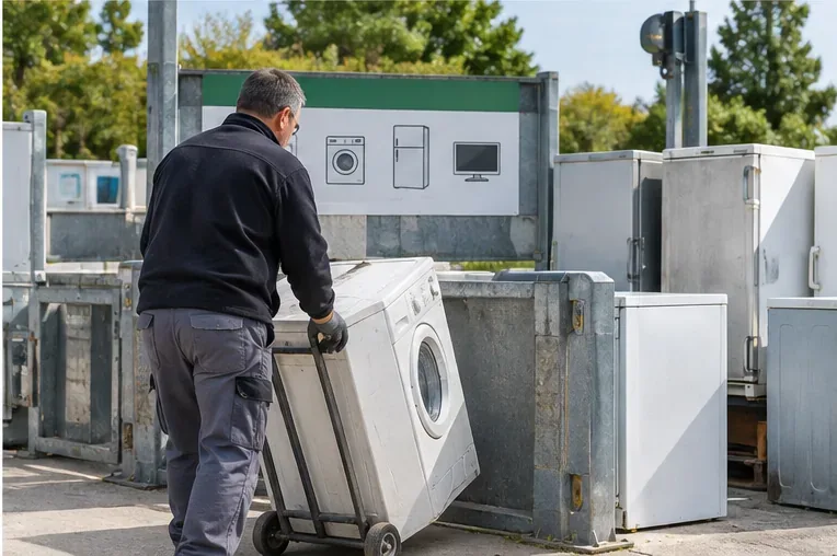 Un homme pousse un lave-linge sur un diable vers la zone de gros électroménager d’une déchèterie, avec d’autres appareils à proximité.