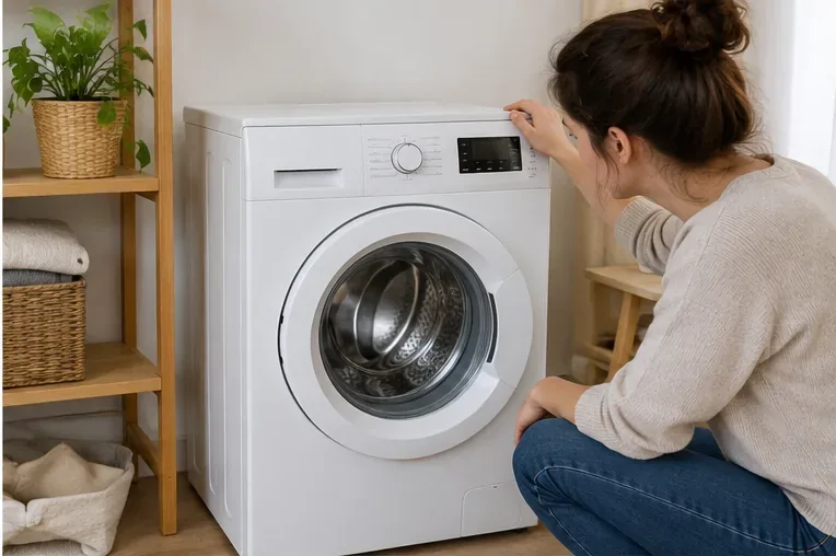 Une personne examine un lave-linge blanc encore installé dans une buanderie avant de décider s’il peut être réparé ou réemployé.