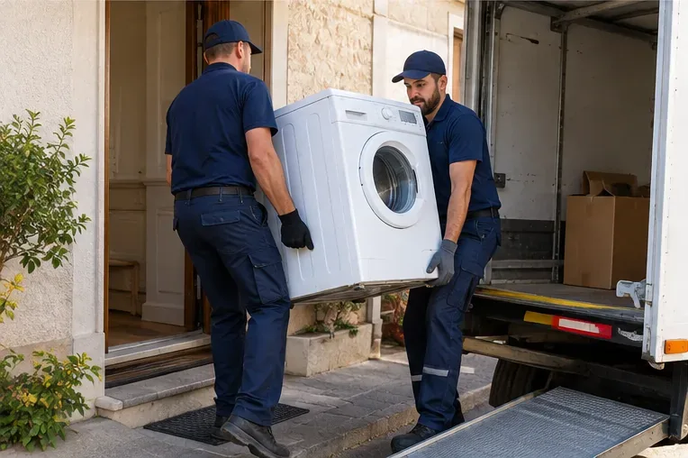Deux livreurs en tenue de travail transportent un lave-linge depuis une maison vers un camion de livraison.