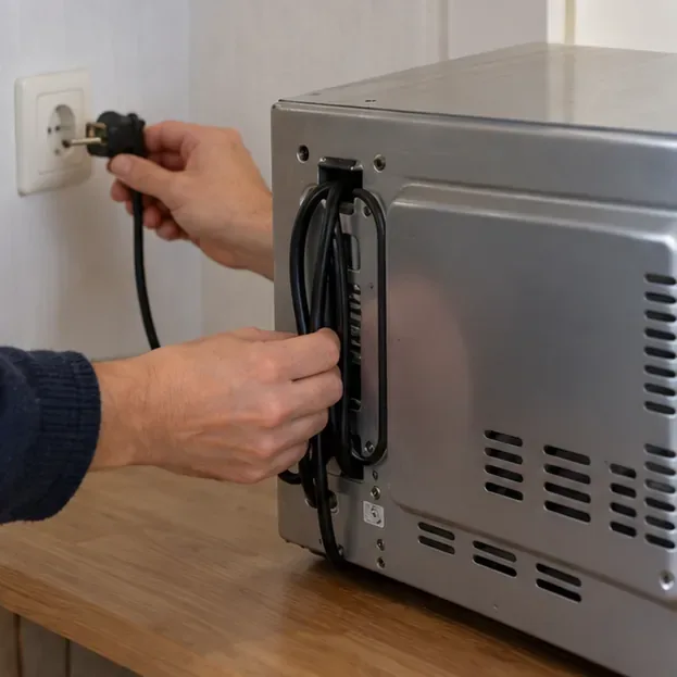 Une personne débranche le micro-ondes et rassemble son cordon électrique sur la face arrière