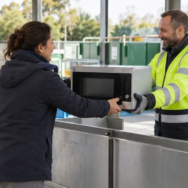 Une usagère remet un micro-ondes à un agent dans une zone de réception pour appareils électriques