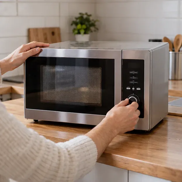 Une personne vérifie un micro-ondes propre posé sur un plan de travail avant de décider de le donner ou de le recycler