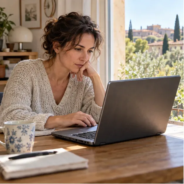Une femme examine un ordinateur portable ouvert à une table près d’une fenêtre
