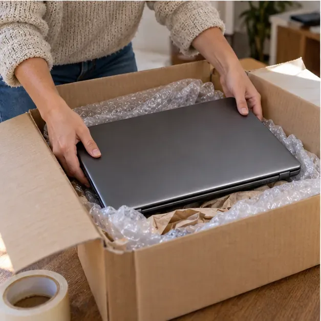 Une personne cale un ordinateur portable fermé dans un carton avec du matériau de protection