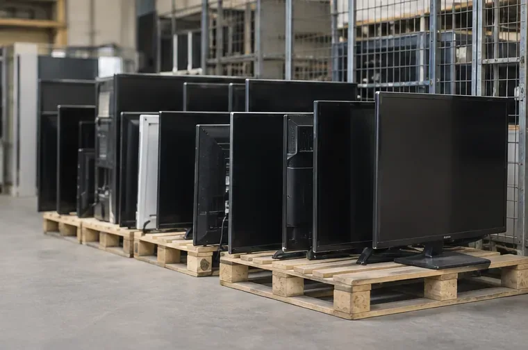Plusieurs téléviseurs à écran plat regroupés sur des palettes dans une zone de collecte