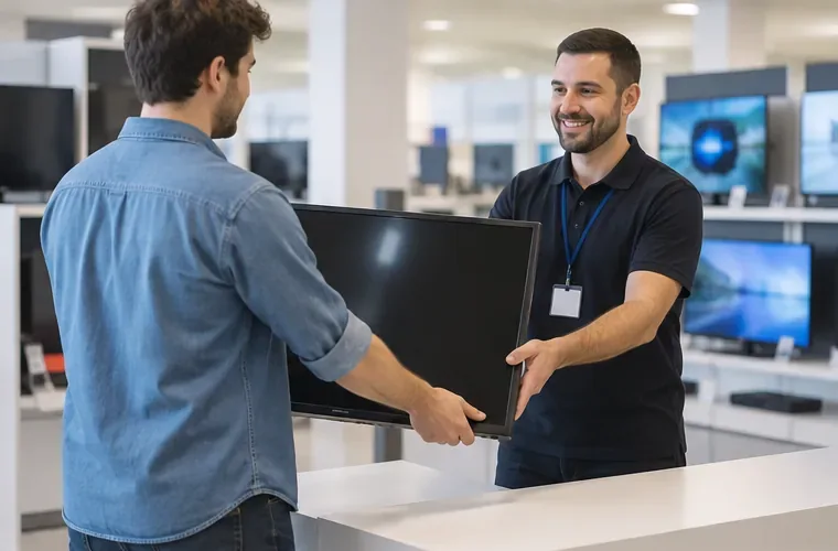 Client remettant un téléviseur à écran plat à un employé dans un magasin d’électronique