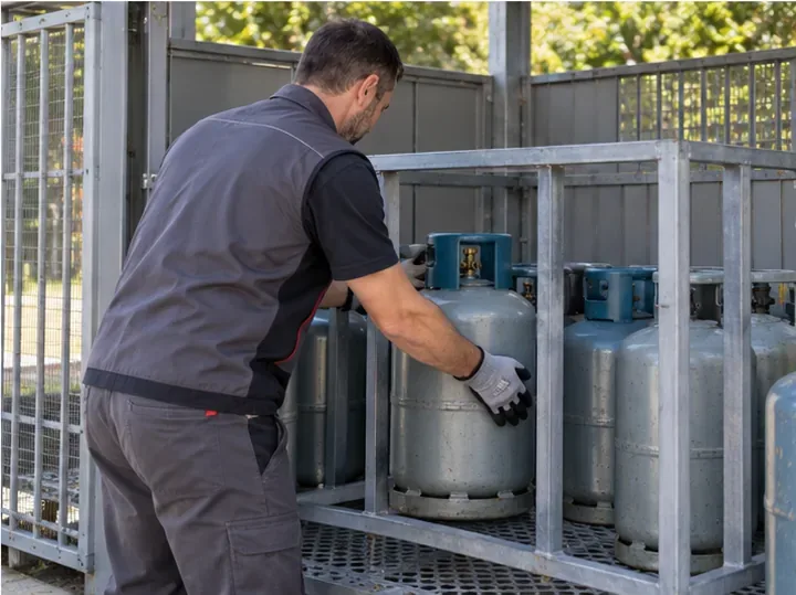 Un employé range une bouteille de gaz retournée à la verticale dans un espace de stockage réservé chez un revendeur