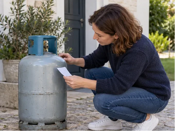 Une habitante examine l’étiquette d’une bouteille de gaz intacte et un document de consigne à l’extérieur