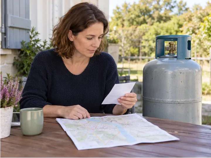 Une habitante compare le document de sa bouteille de gaz à une carte pour préparer son trajet vers un revendeur