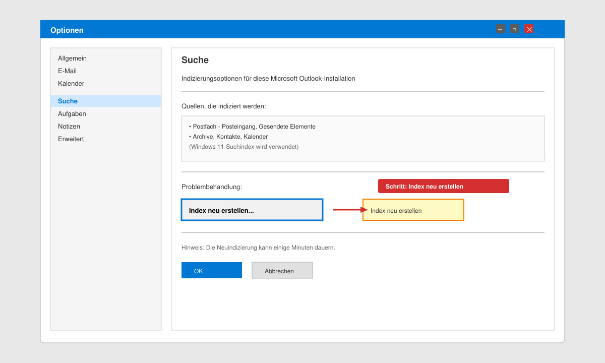 Outlook Optionen Dialog mit markierter Schaltfläche zum Neuindizieren