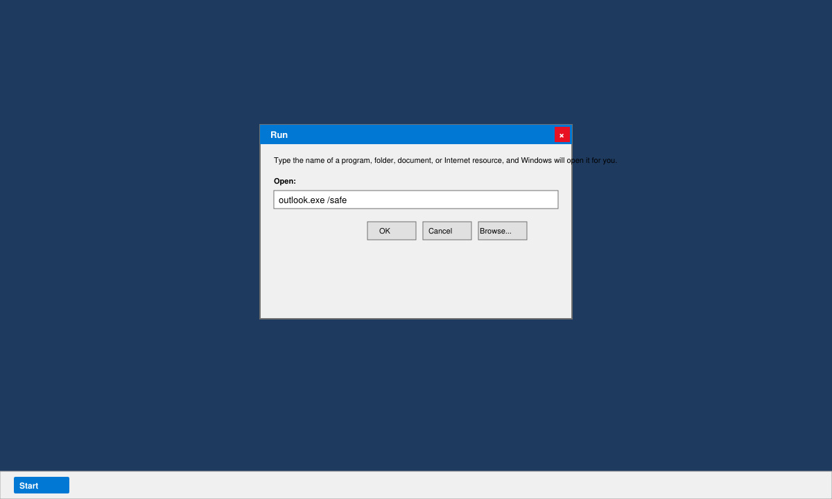 Running Outlook in safe mode via Run dialog