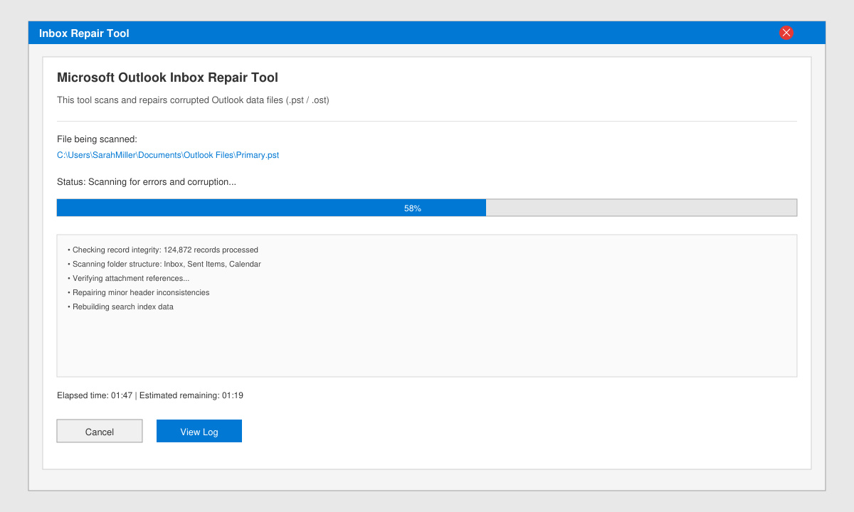 Inbox Repair Tool scanning an Outlook PST file