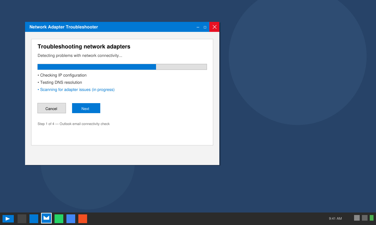 Close-up of Windows Network troubleshooter running alongside the Outlook icon in the taskbar