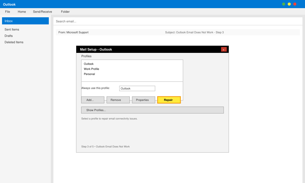 Mail Setup dialog box open with the Repair button highlighted and profile list visible