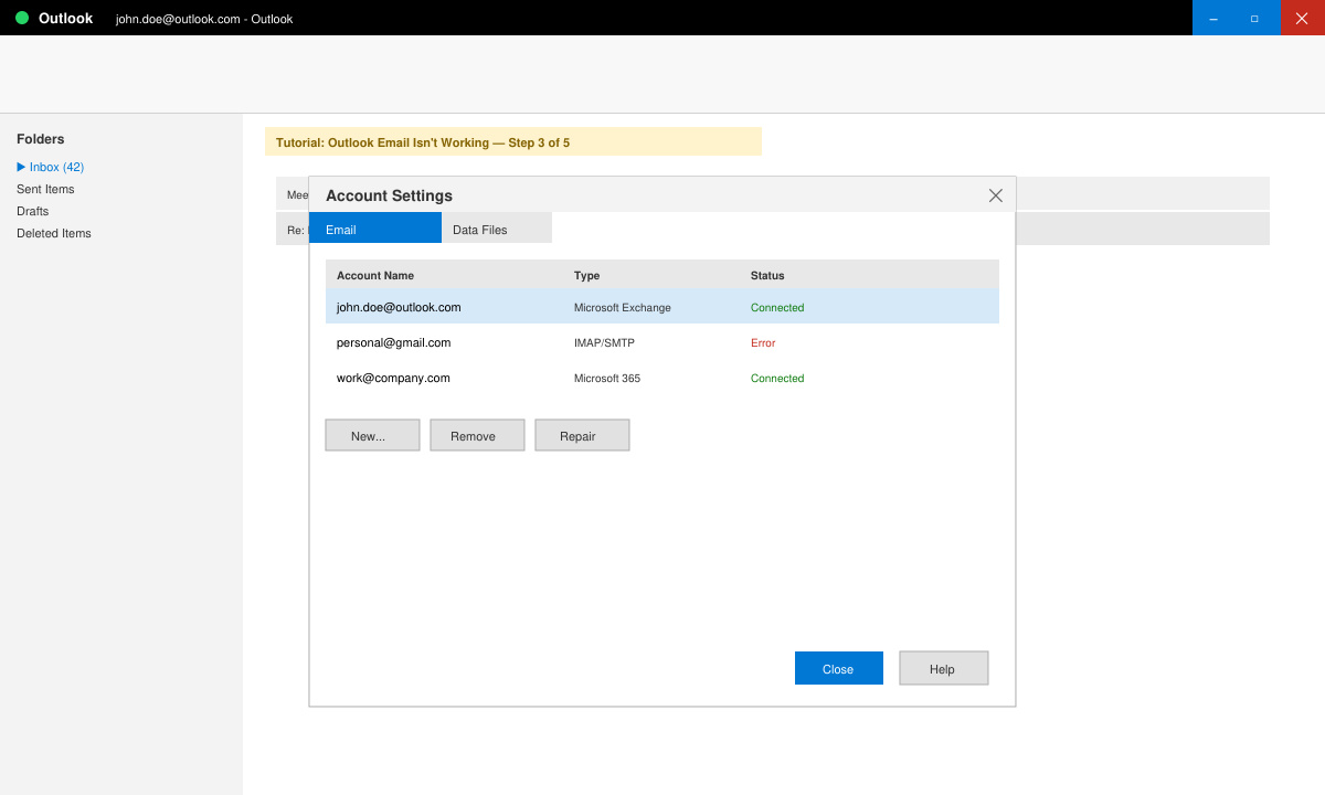 Account Settings window showing the Remove button and the New button for adding an account