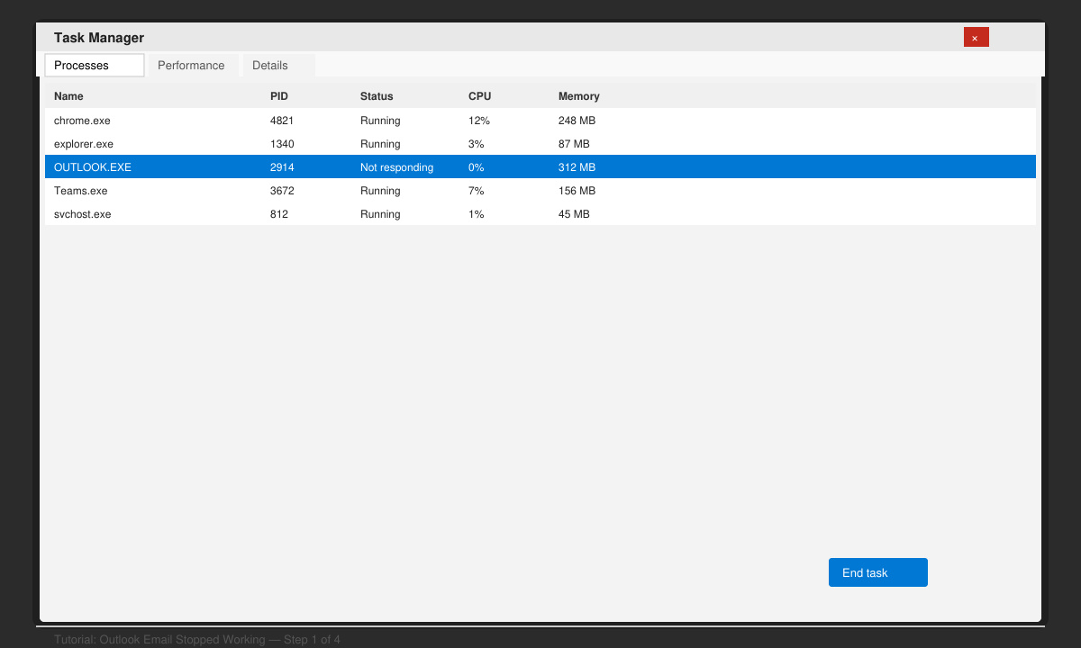 Windows Task Manager with Outlook.exe selected for end task
