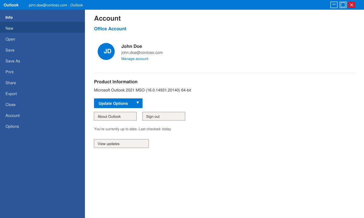 Outlook File menu open showing the Office Account update screen