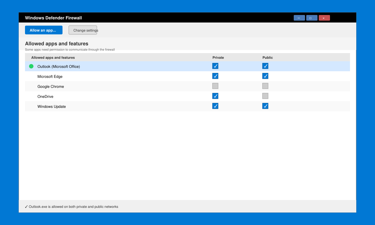 Screenshot of Windows Firewall settings with Outlook.exe allowed through both private and public networks