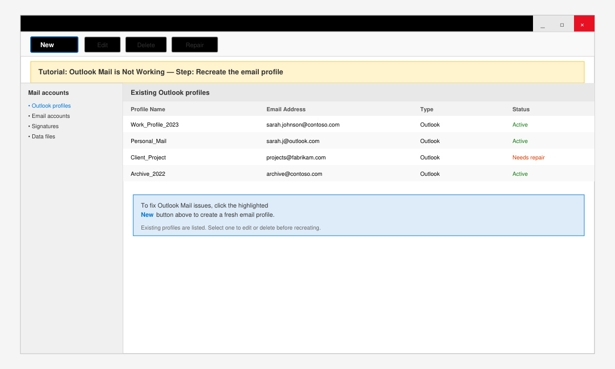 Windows Mail control panel showing the New button highlighted and a list of existing Outlook profiles
