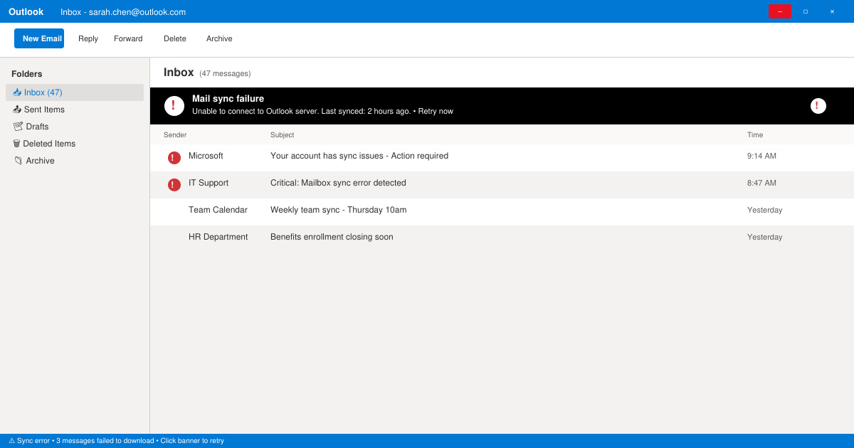 Hero image showing an Outlook inbox with a prominent error banner and red warning icons indicating mail sync failure