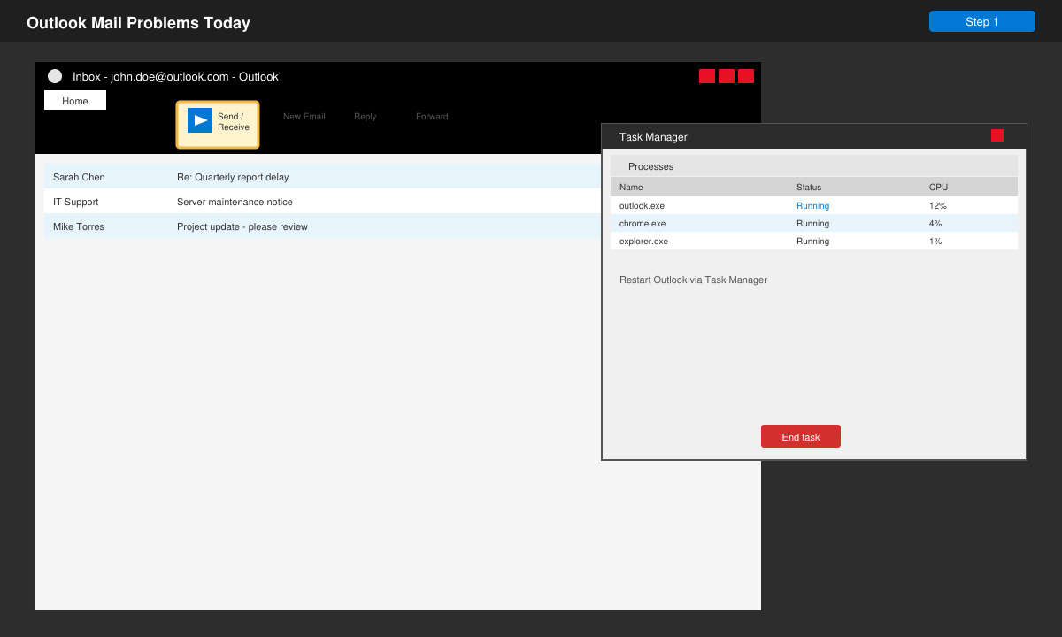 Screenshot of Outlook desktop app being restarted with Task Manager visible and the Send/Receive button highlighted