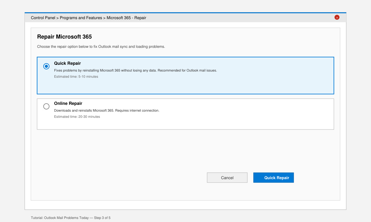 Windows Control Panel showing the Microsoft 365 repair option selected with the Quick Repair button highlighted