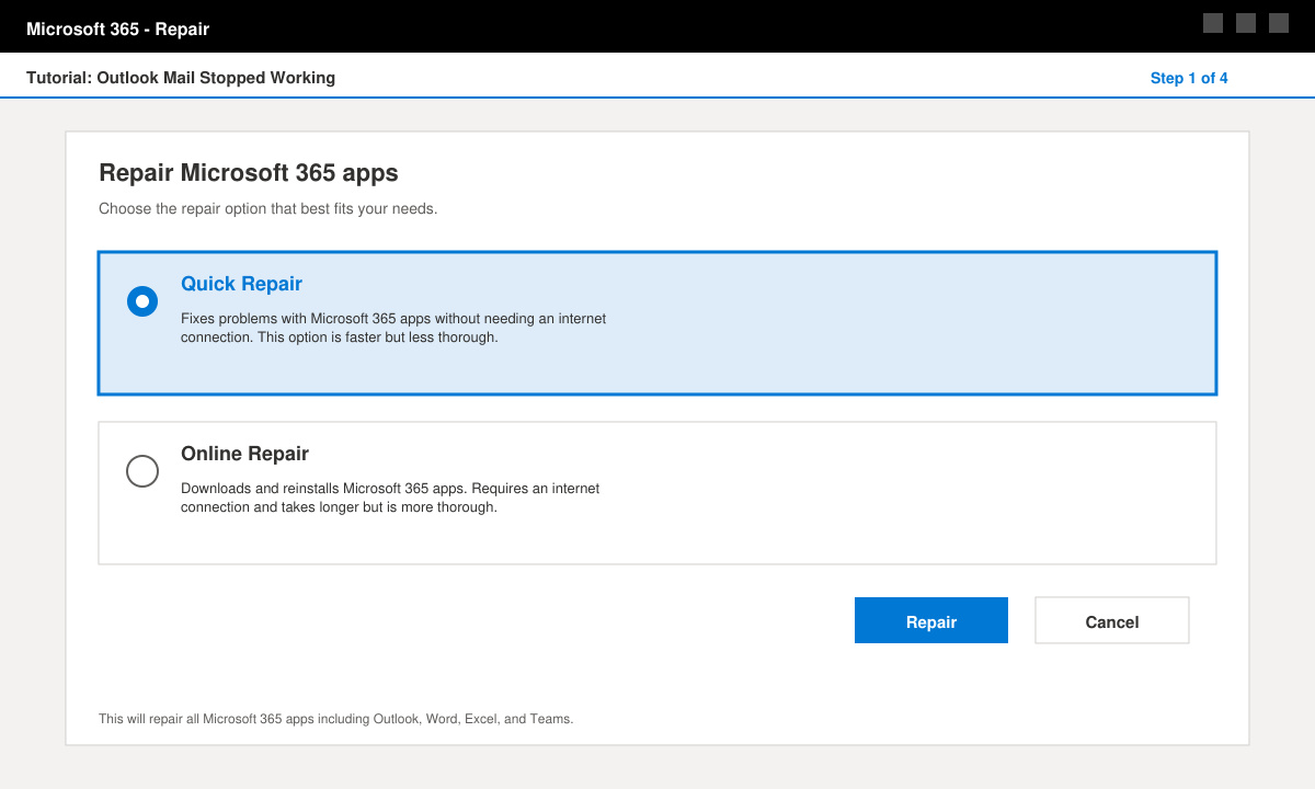 Screenshot of the Microsoft 365 repair options window with Quick Repair highlighted