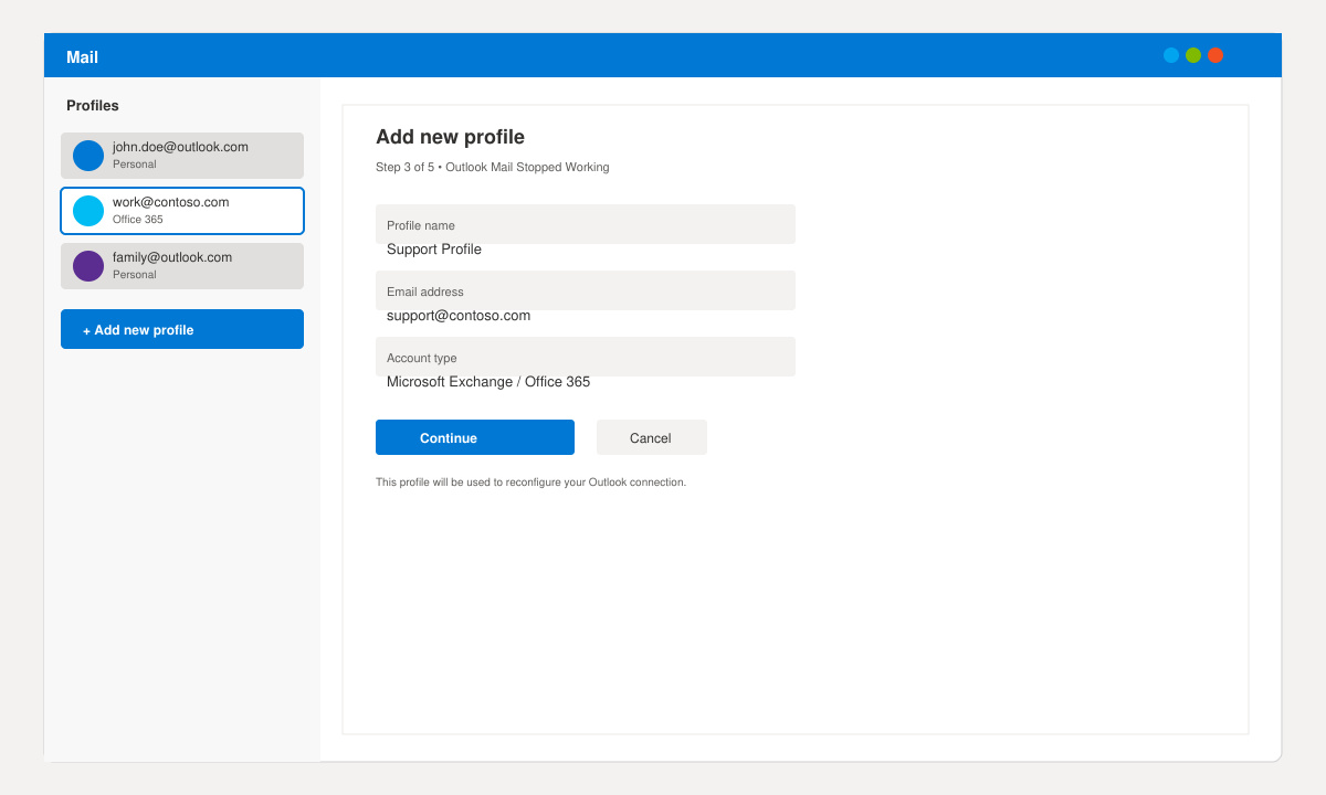 Windows Mail setup wizard showing the profile selection screen