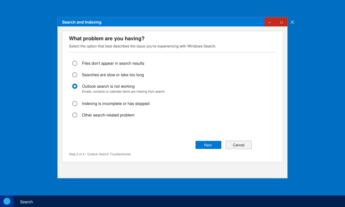 Windows Search troubleshooter window with Outlook related options selected