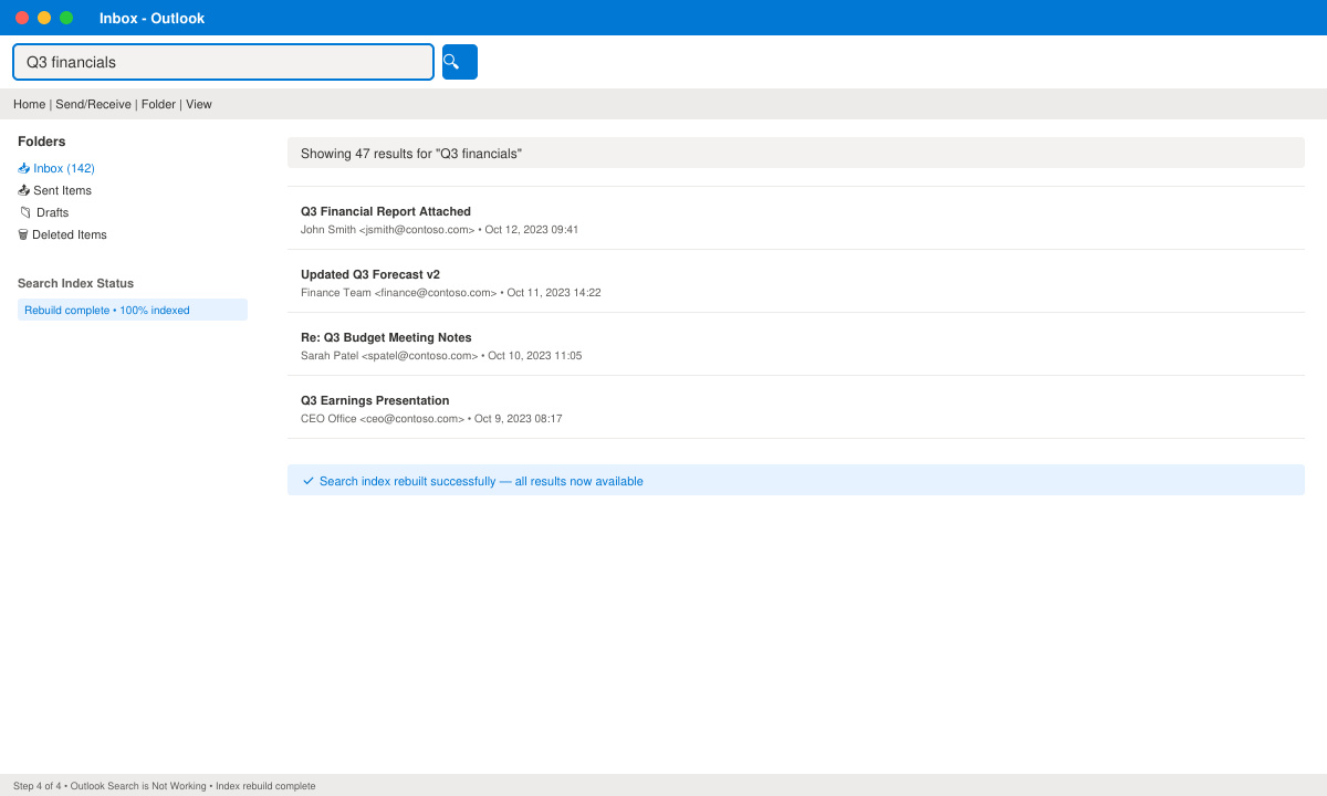 Outlook search returning accurate results after index rebuild