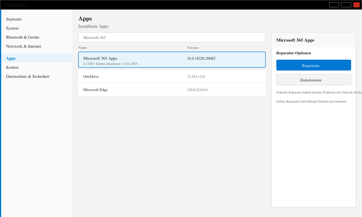 Windows-Apps-Einstellungen mit Microsoft 365 und Reparatur-Option