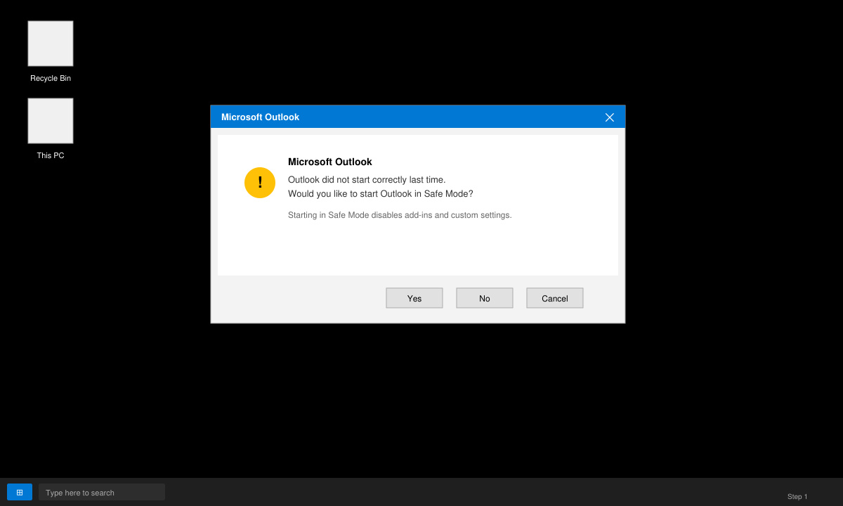 Outlook Safe Mode confirmation dialog box on a Windows desktop