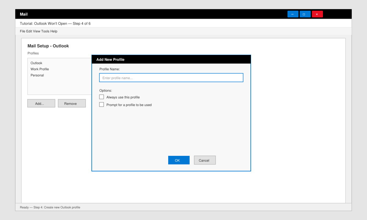 Mail control panel window with new Outlook profile creation screen visible