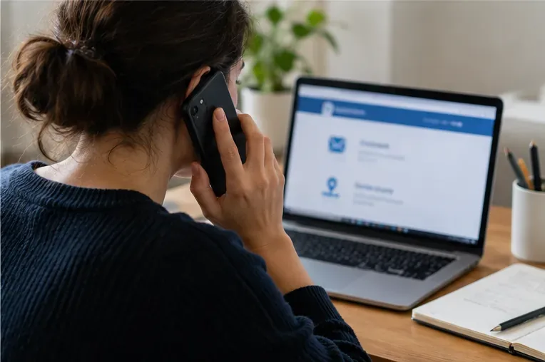 Une personne téléphone à un service d’assistance tout en consultant sur son ordinateur une page de contact administrative.