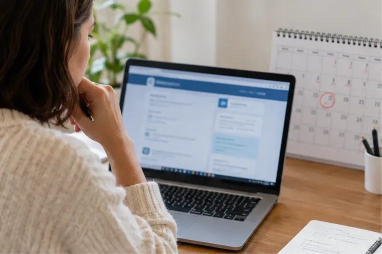 Une personne compare un calendrier mensuel avec les informations affichées sur son ordinateur avant de conclure à un retard de paiement CAF.