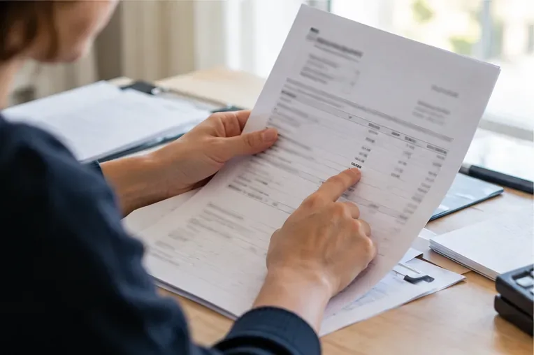 Une personne examine un relevé et des documents administratifs pour comparer les informations du dossier avec ses coordonnées bancaires.