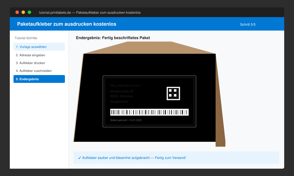 Fertig gedruckte Paketaufkleber zum Ausdrucken kostenlos auf einem Paket angebracht