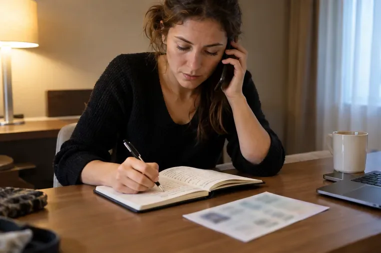Una viajera habla por teléfono y anota información en un cuaderno mientras organiza los siguientes pasos.